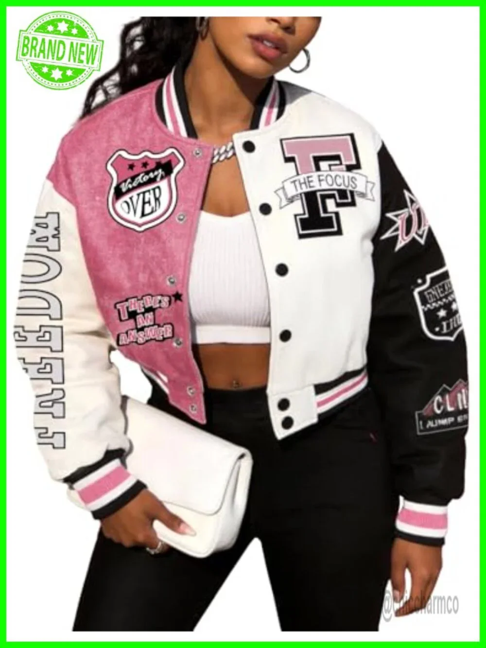Women's Cropped Bomber Varsity Jacket Cotton Letterman Snap